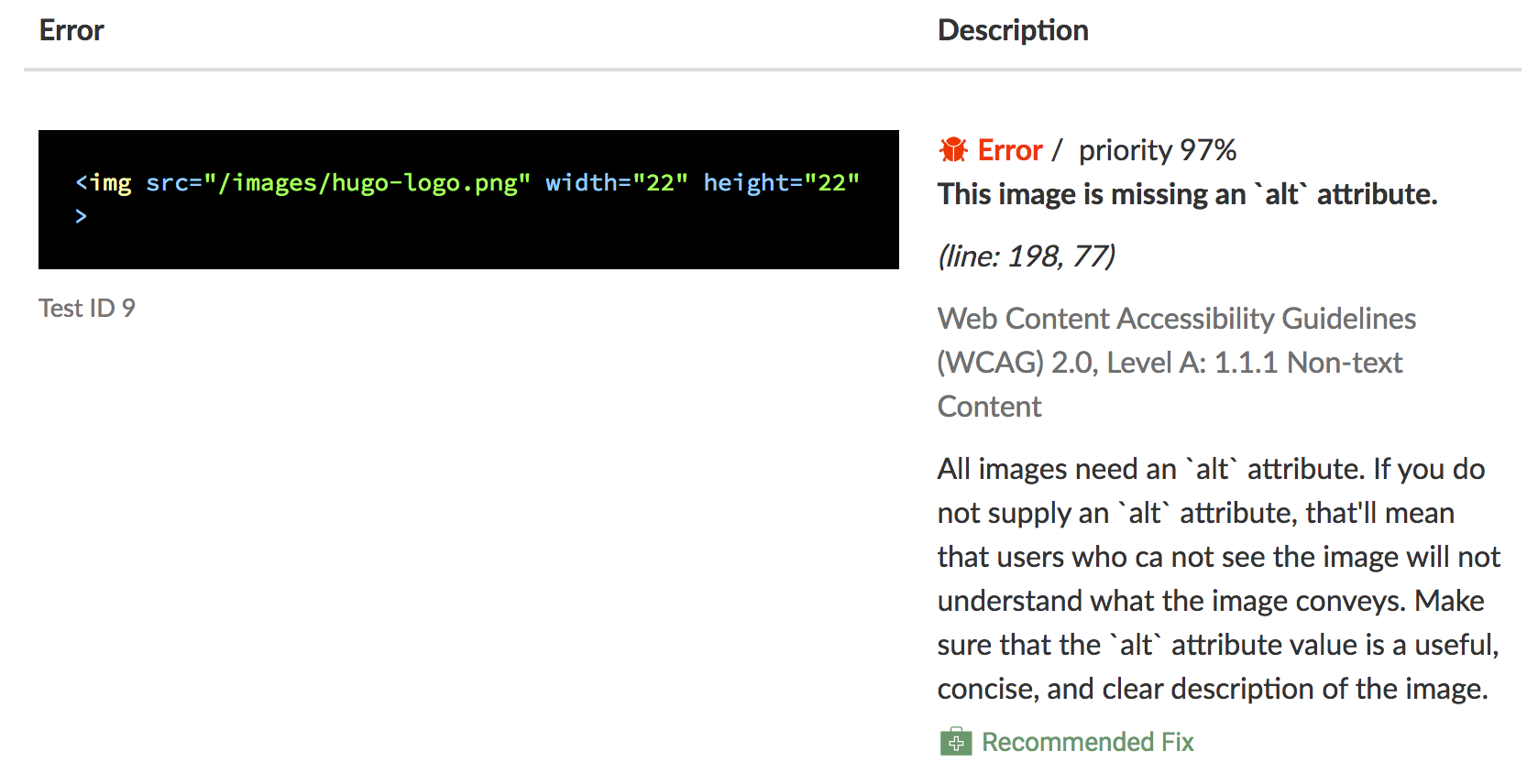 An error report page showing the code on the left and an explanation on the right.